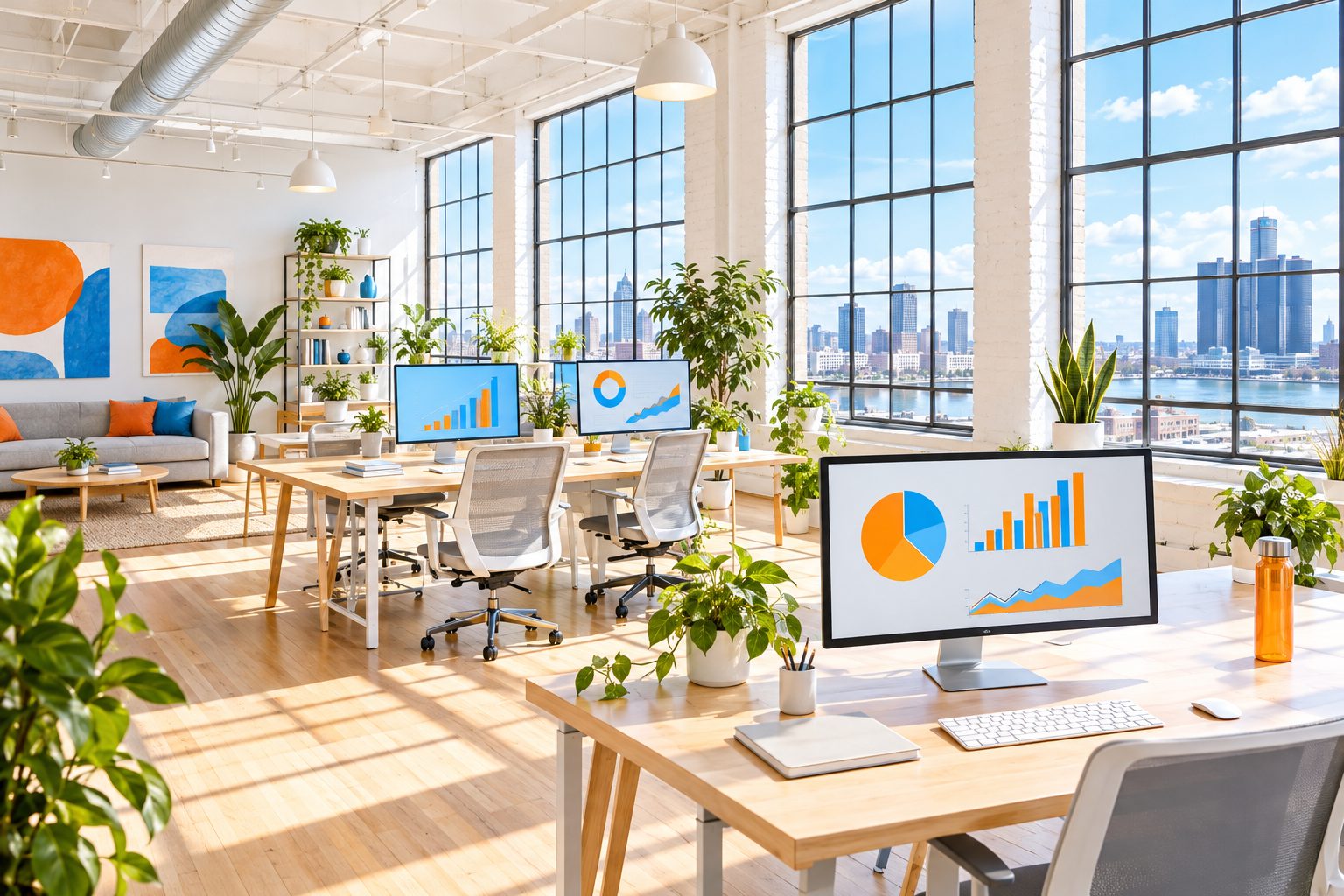 Bright, sunlit loft office with plants and big windows overlooking Detroit