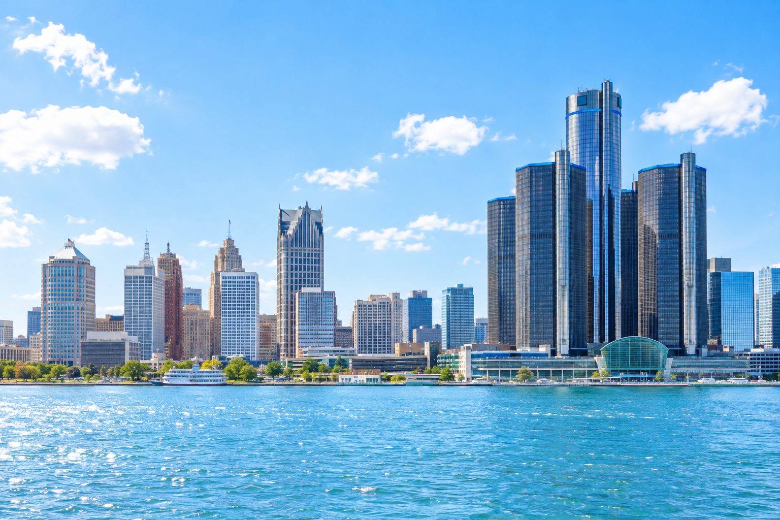 Detroit skyline on a bright sunny day across the river